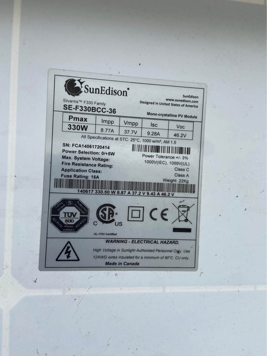 Étiquette du panneau solaire SunEdison SE-F330BCC-36 de 330 W