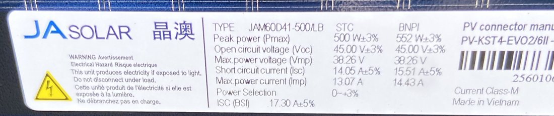 Étiquette du panneau solaire JA Solar JAM60D41-500/LB de 500 W